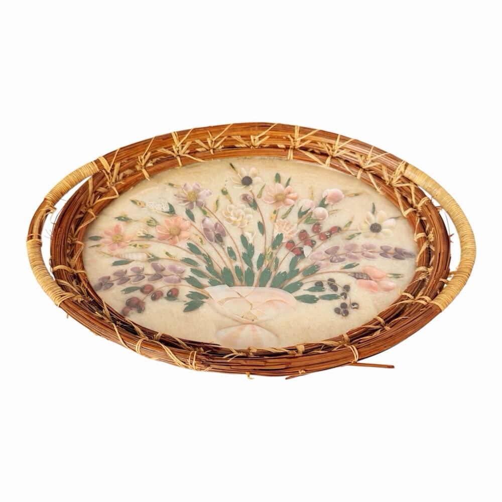 Vintage Shell Folk Art Woven Glass Wicker Tray Floral Bouquet Design 9x6” Granny